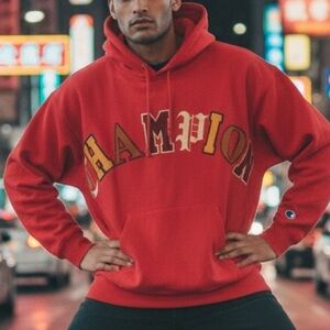 Vintage Champion Spellout Hoodie Red Old English Print Y2K Reverse Weave 2XL